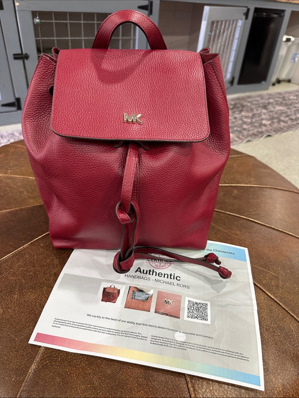 MICHAEL Michael Kors Junie Red Pebbled Leather Drawstring Backpack